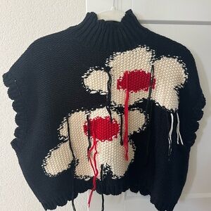 Zara Black and Cream Turtleneck Sweater with Red Details Size Small